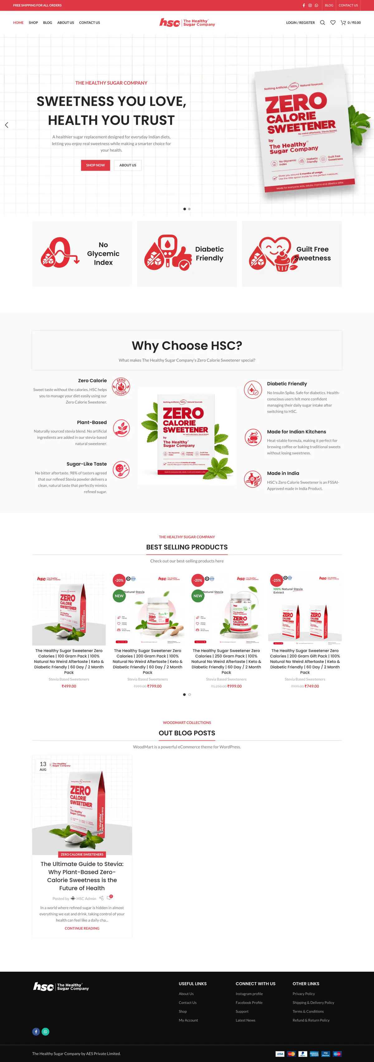 The Healthy Sugar Company store on a desktop: 'Sweetness you love, health you trust' beside the zero calorie sweetener pack, then its benefits, why HSC, best sellers, the blog and the footer
