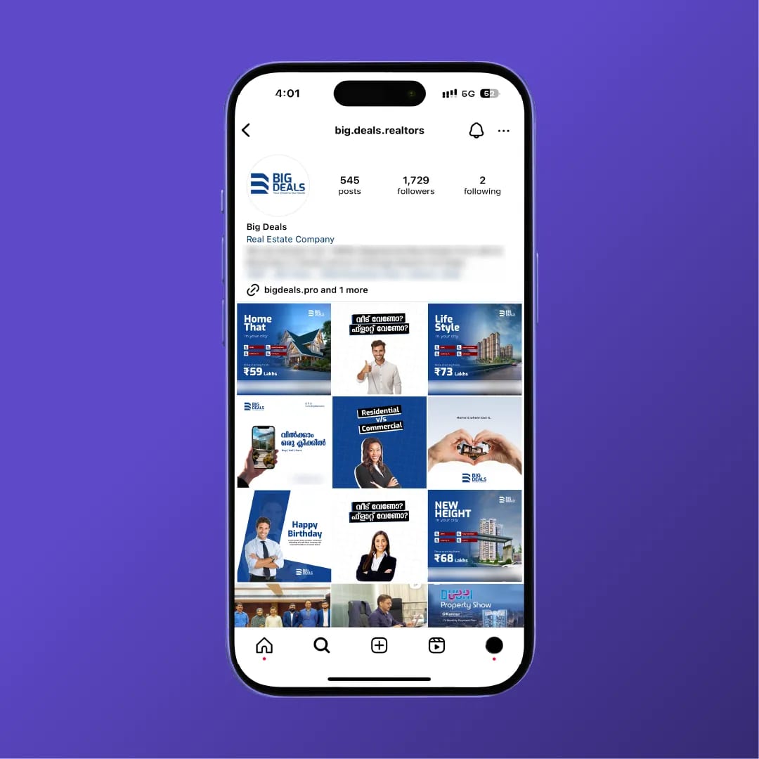 Big Deals Instagram profile on an iPhone: listing, question and team posts (bio and phone numbers blurred)