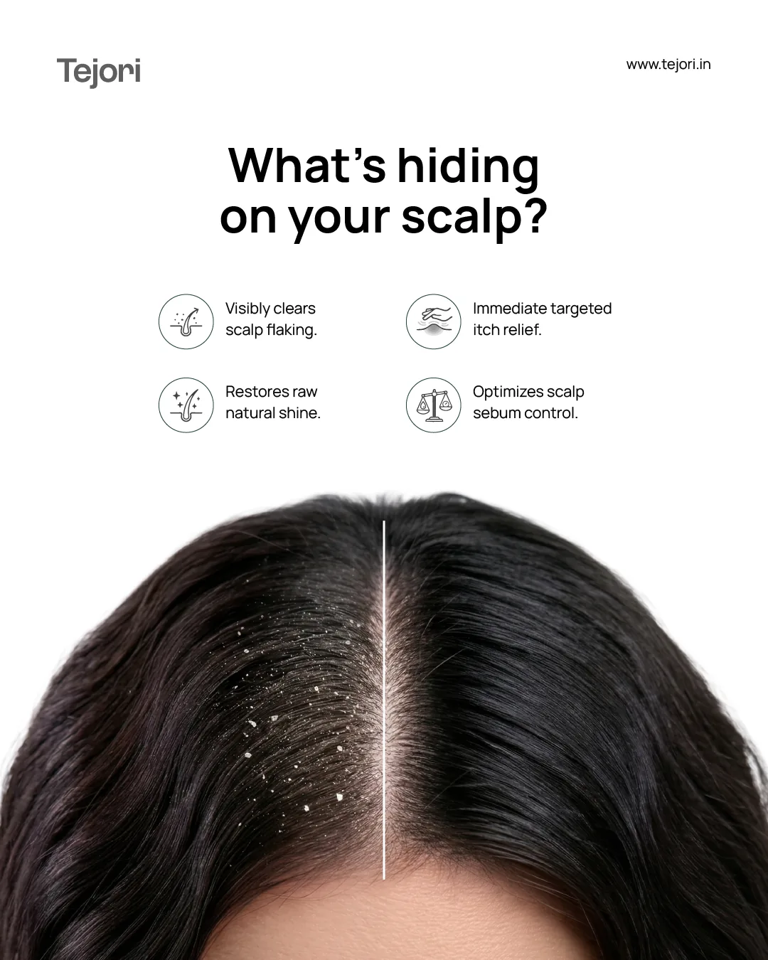 Tejori Instagram post 'What's hiding on your scalp?': four benefit icons above a hair parting, with flakes on one side and a clean scalp on the other